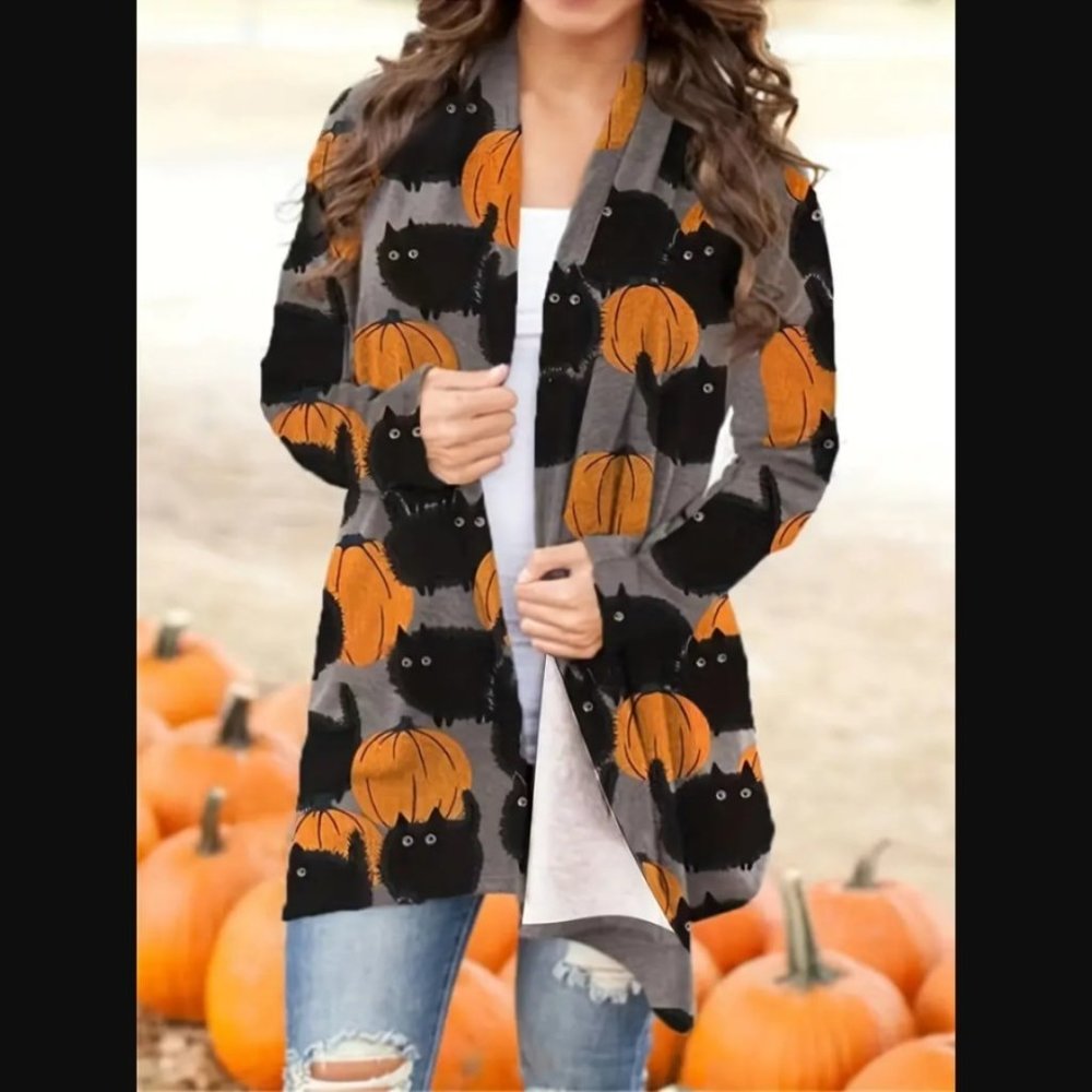 Halloween Pumpkin and kitten Pattern Cardigan, Casual Open Front Long Sleeve
